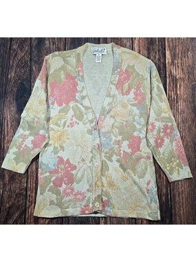Gabriella T. Italy Linen Blend Sweater Floral V-Neck Cardigan Lightweight Size M